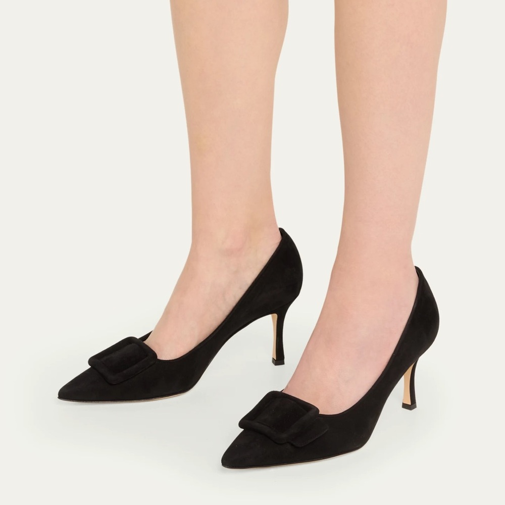 Monolo Blahnik Maysale Suede Pointed-Toe Buckle Pumps